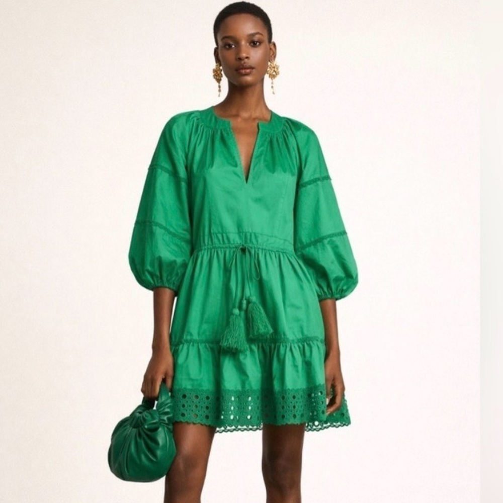 Alexis green “Daksha” mini dress with eyelet trim at hem and balloon sleeves. XS